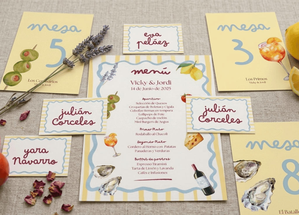 Diseño de papelería para eventos de estilo mediterráneo por RDBdesign. La imagen muestra una minuta con ilustraciones de limones y ramas de olivo, acompañada de una tarjeta de agradecimiento personalizada para 'Eva Caballero'. La composición incluye elementos naturales como limones frescos, hojas de olivo y una mesa de madera rústica bajo luz solar natural.
