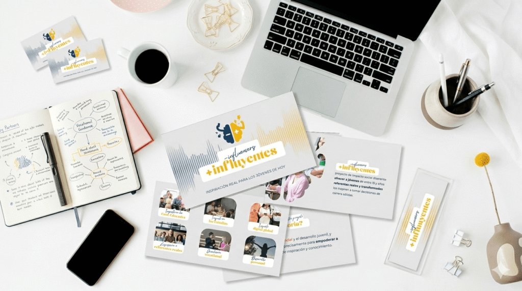 Escritorio de trabajo con materiales de branding de RDBdesign, incluyendo manuales de identidad visual, tarjetas de visita del proyecto '+influyentes' y un flujo de trabajo de guía vocacional sobre un portátil, integrando tecnología y diseño.